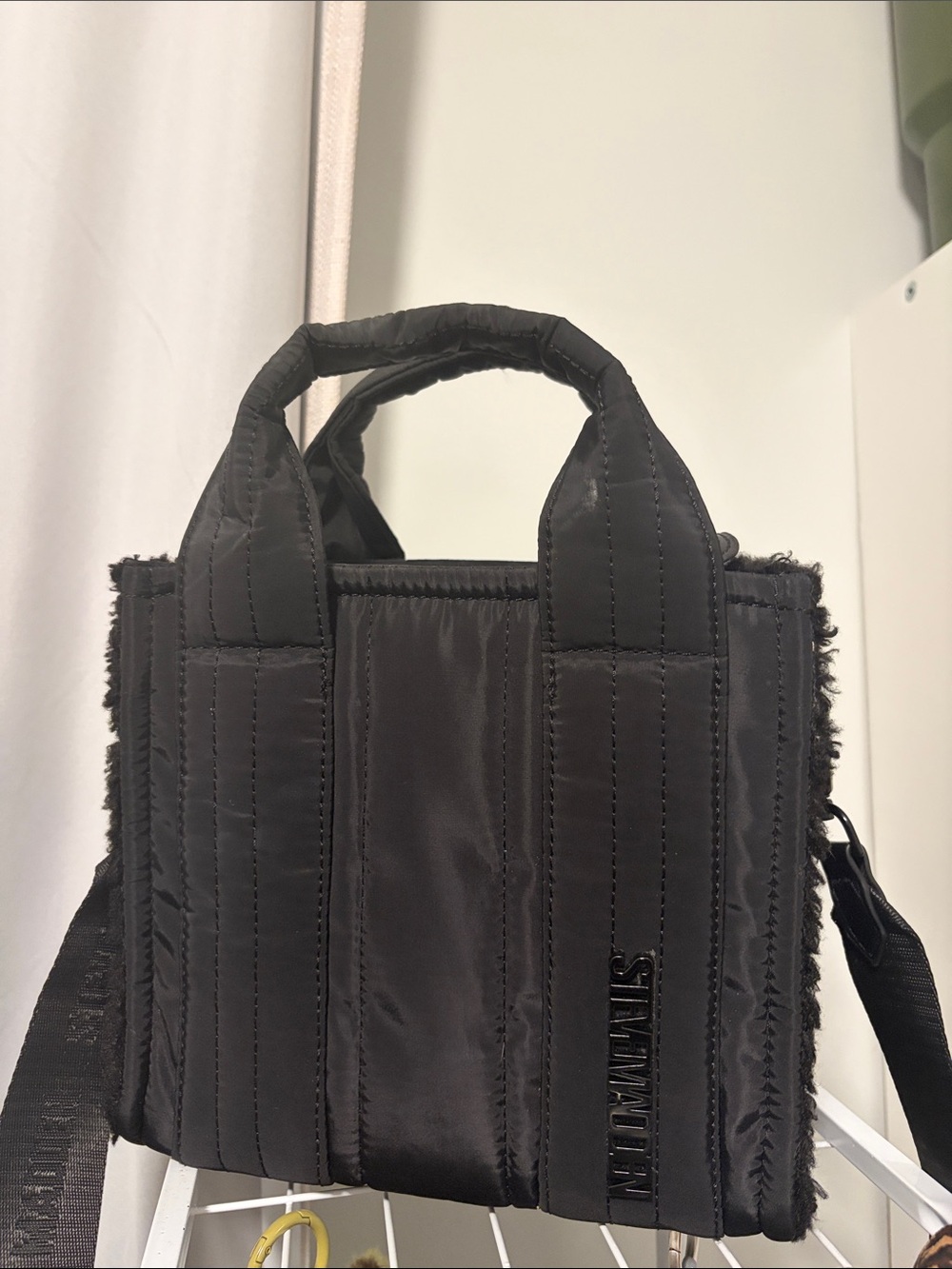 NWOT | Steve Madden Sherpa Trim Black Quilted Tote Bag with Top Handles